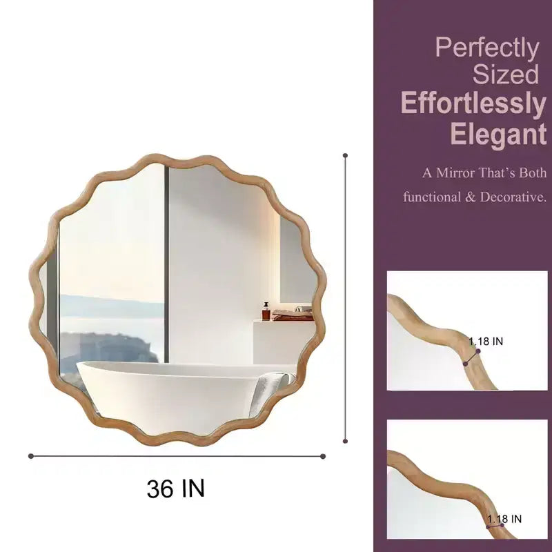 Miroir mural ondulé en bois massif, cadre rond couleur bois naturel