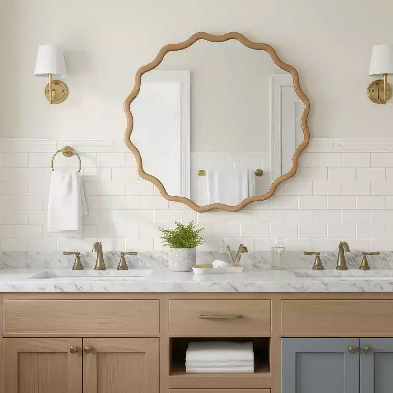 Miroir mural ondulé en bois massif, cadre rond couleur bois naturel