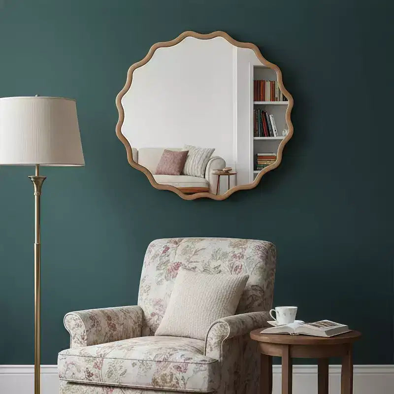Miroir mural ondulé en bois massif, cadre rond couleur bois naturel