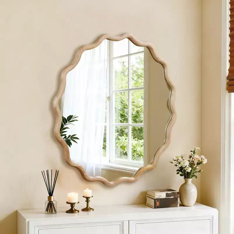 Miroir mural ondulé en bois massif, cadre rond couleur bois naturel