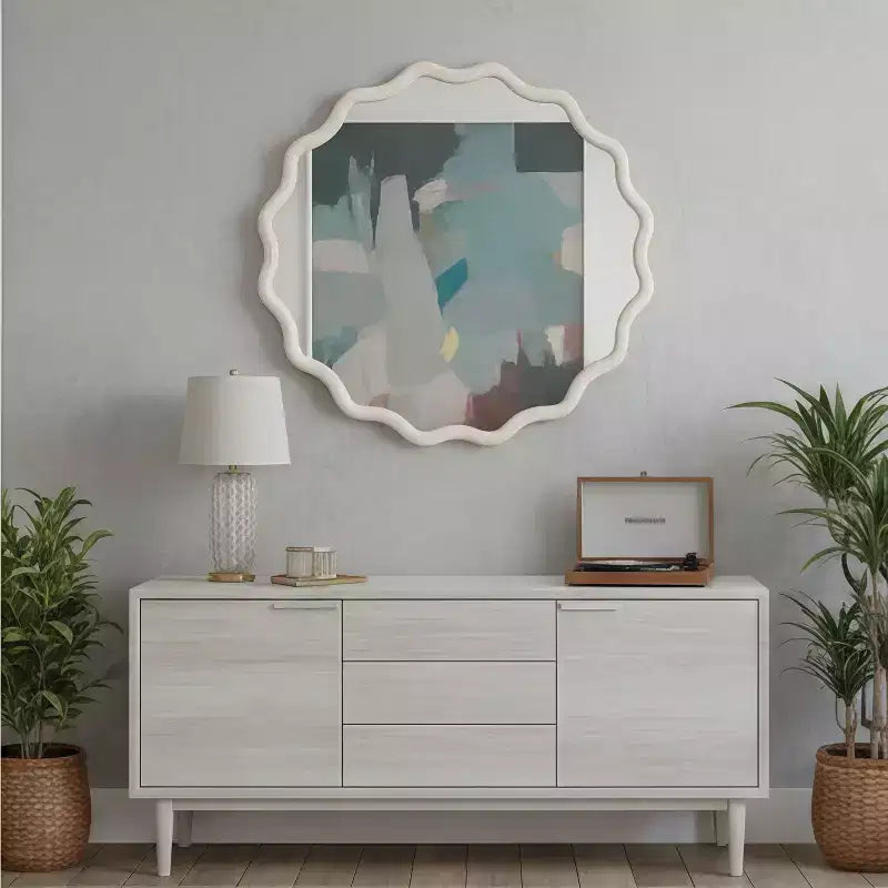 Miroir mural ondulé en bois massif, cadre rond couleur bois naturel