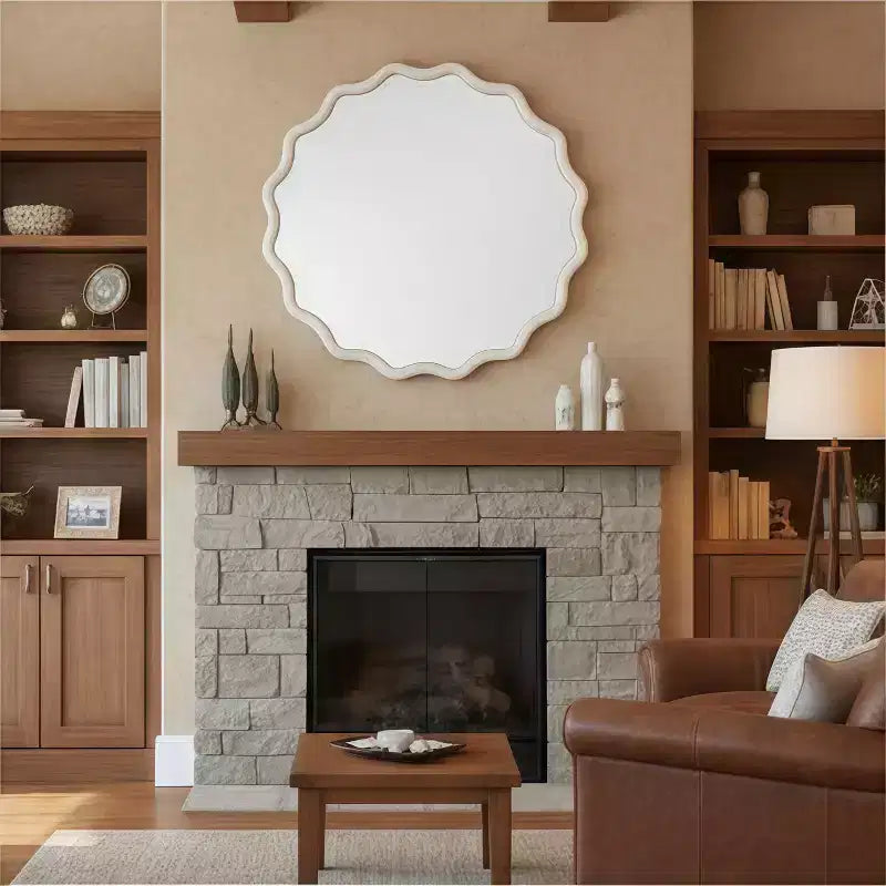 Miroir mural ondulé en bois massif, cadre rond couleur bois naturel
