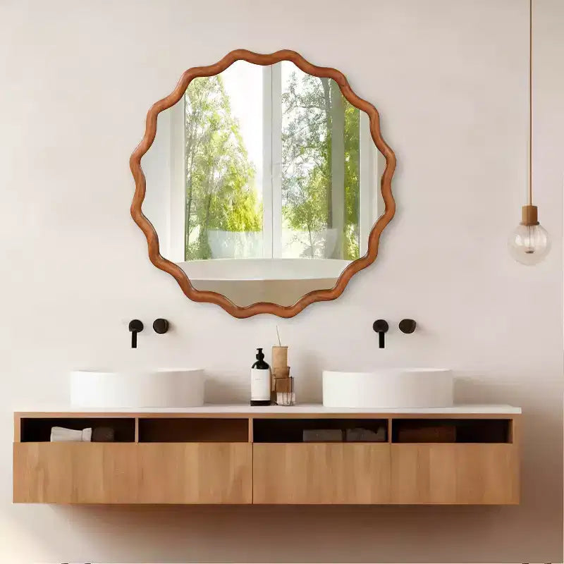 Miroir mural ondulé en bois massif, cadre rond couleur bois naturel