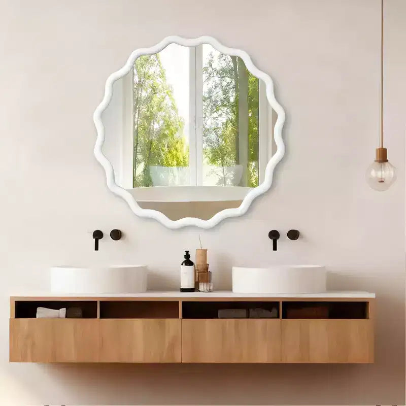 Miroir mural ondulé en bois massif, cadre rond couleur bois naturel