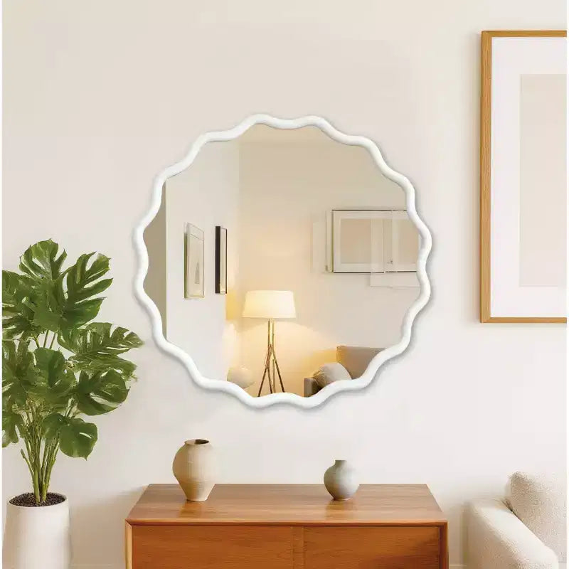 Miroir mural ondulé en bois massif, cadre rond couleur bois naturel