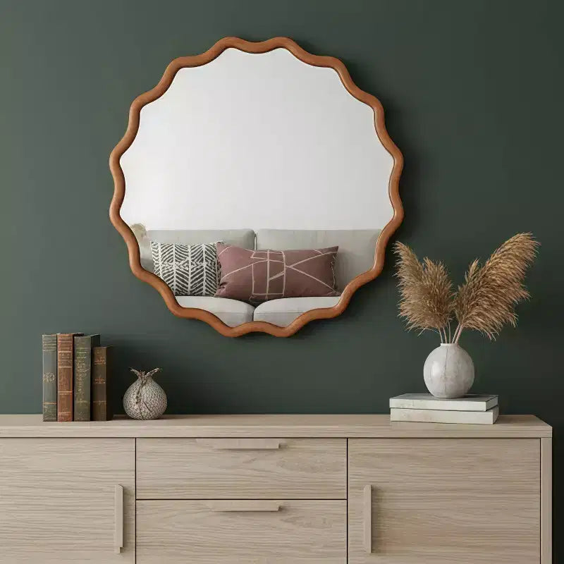Miroir mural ondulé en bois massif, cadre rond couleur bois naturel