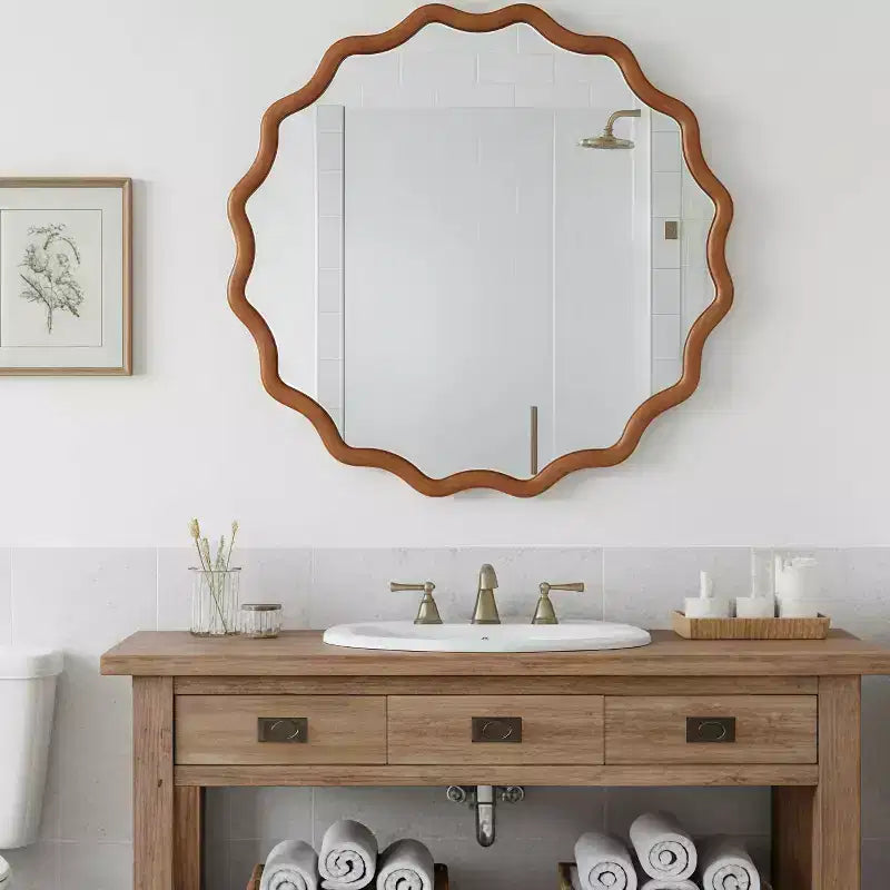 Miroir mural ondulé en bois massif, cadre rond couleur bois naturel