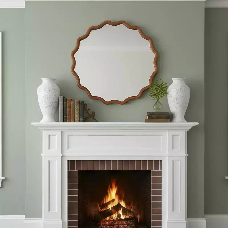 Miroir mural ondulé en bois massif, cadre rond couleur bois naturel