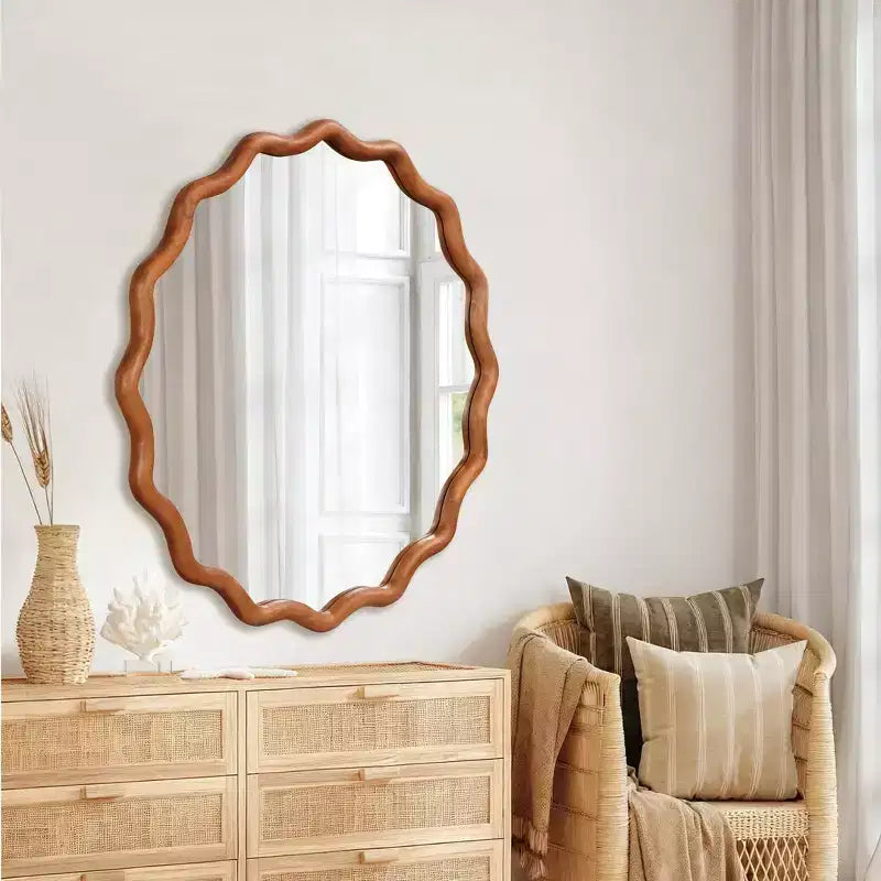 Miroir mural ondulé en bois massif, cadre rond couleur bois naturel