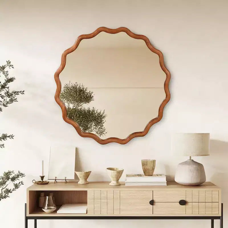 Miroir mural ondulé en bois massif, cadre rond couleur bois naturel