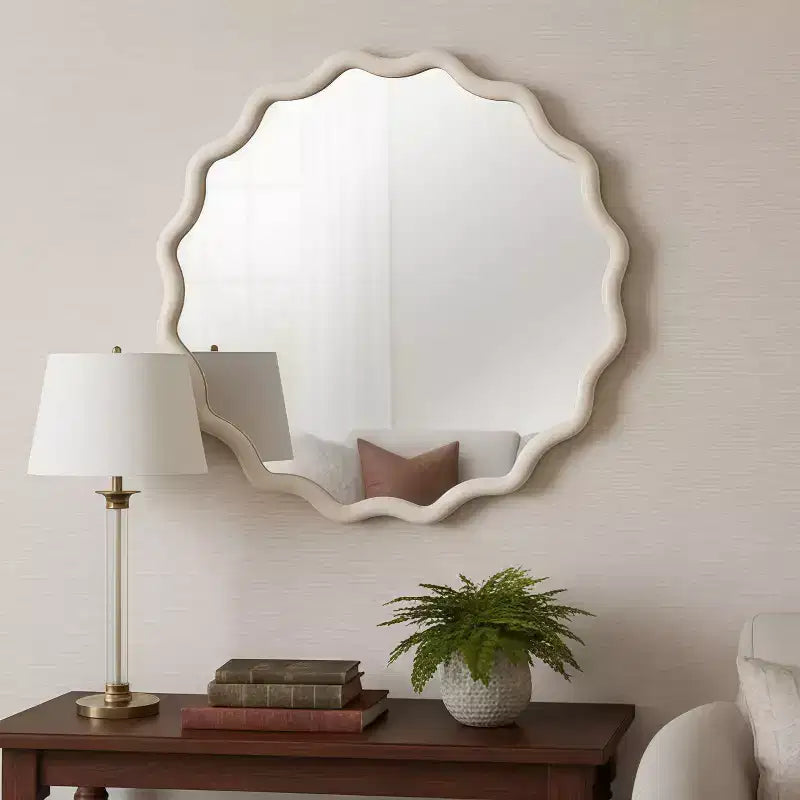 Miroir mural ondulé en bois massif, cadre rond couleur bois naturel