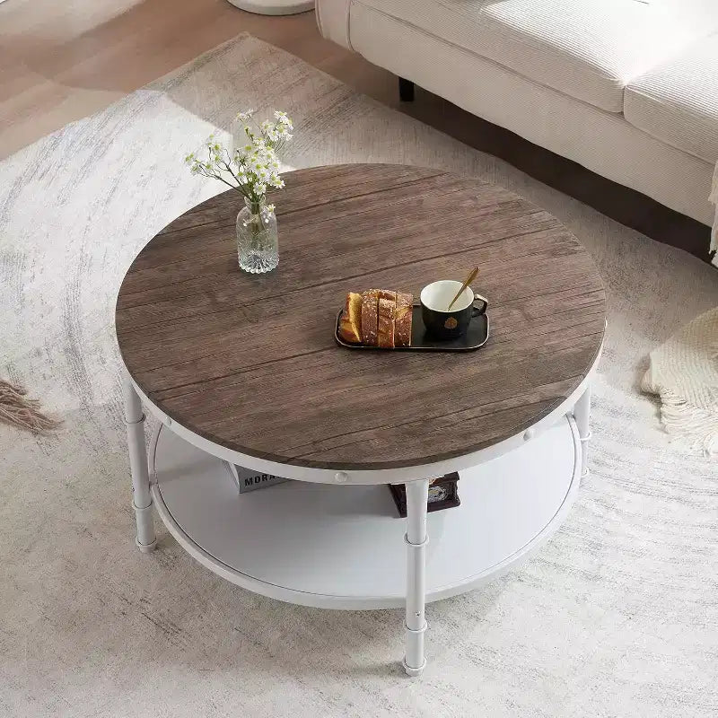 VINGLI 31.5 Dark Walnut White Round Farmhouse Coffee Table, 2-Tier Storage Wood Center Circle Accent Table for Living Room