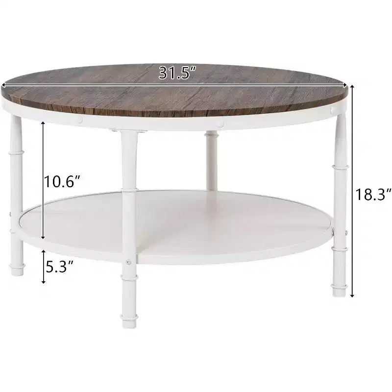 Table basse de style rustique, ronde, en noyer foncé et blanc