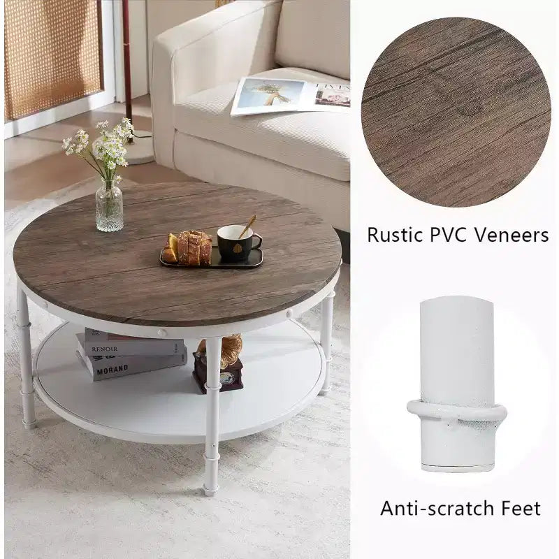 Table basse de style rustique, ronde, en noyer foncé et blanc