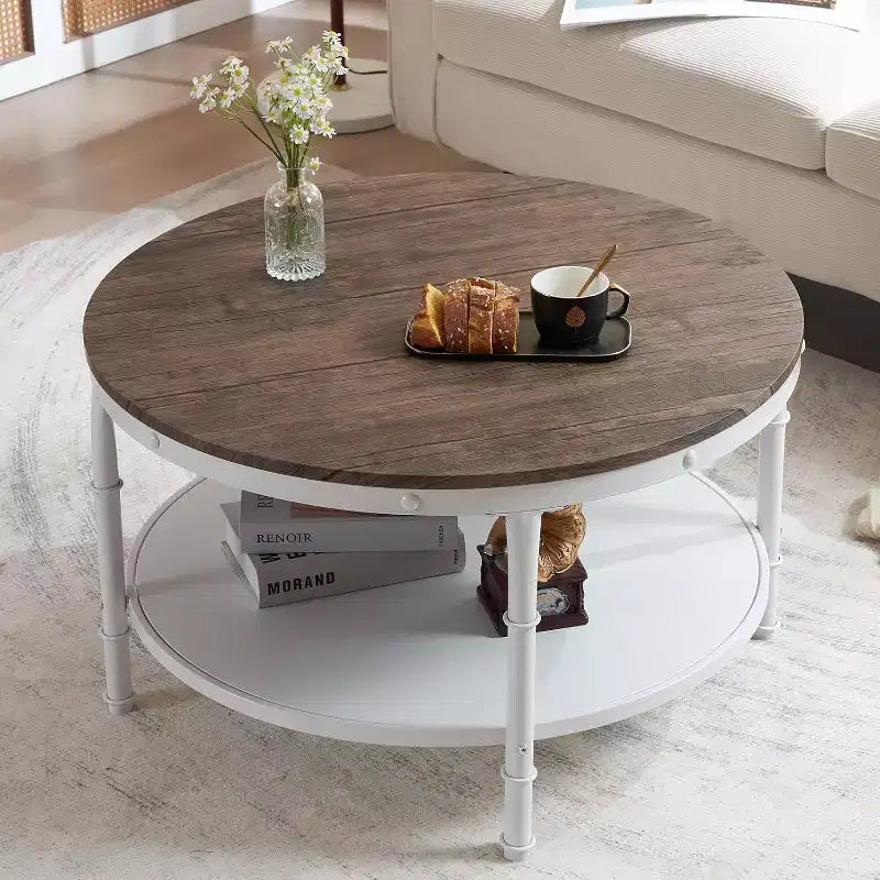 Table basse de style rustique, ronde, en noyer foncé et blanc