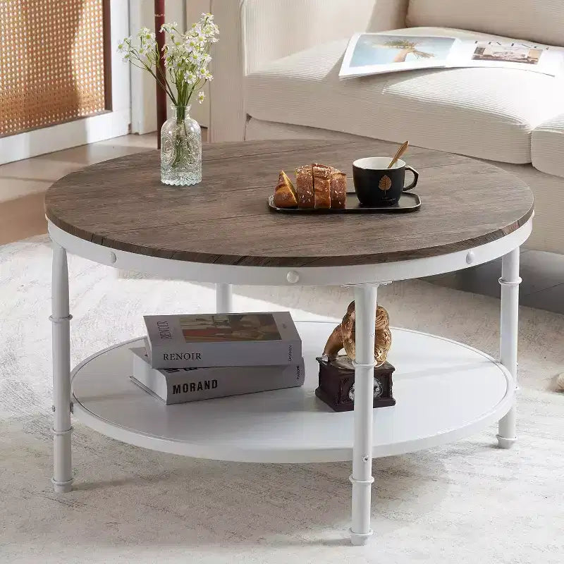 Table basse de style rustique, ronde, en noyer foncé et blanc