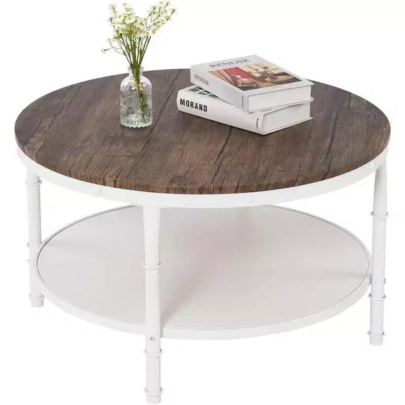 Table basse de style rustique, ronde, en noyer foncé et blanc