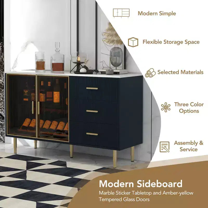 Buffet moderne en bois avec plateau en placage de marbre