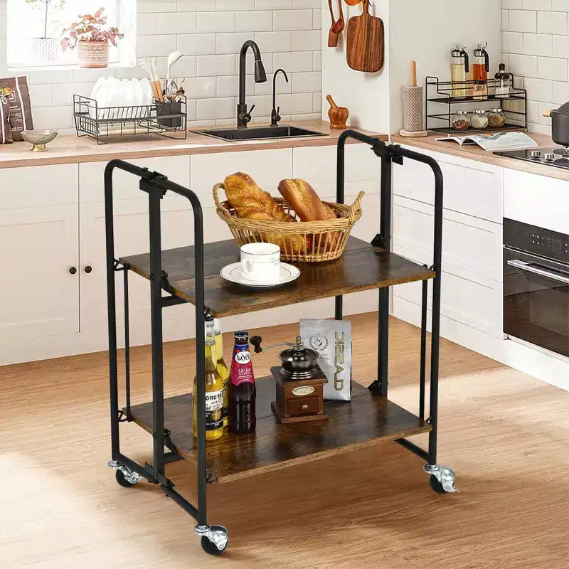 Chariot de bar pliable à 2 niveaux, desserte de cuisine, chariot utilitaire, étagères de rangement
