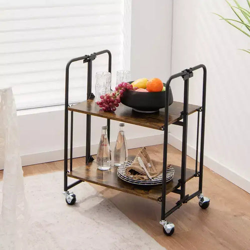 Chariot de bar pliable à 2 niveaux, desserte de cuisine, chariot utilitaire, étagères de rangement
