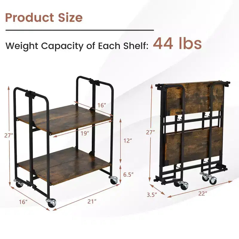 Chariot de bar pliable à 2 niveaux, desserte de cuisine, chariot utilitaire, étagères de rangement