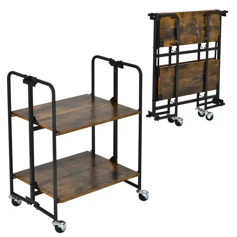 Chariot de bar pliable à 2 niveaux, desserte de cuisine, chariot utilitaire, étagères de rangement