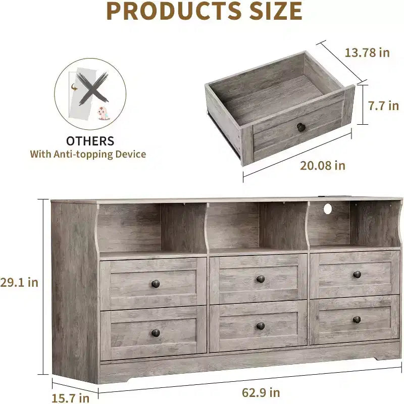 Commode étroite à six tiroirs avec étagères ouvertes