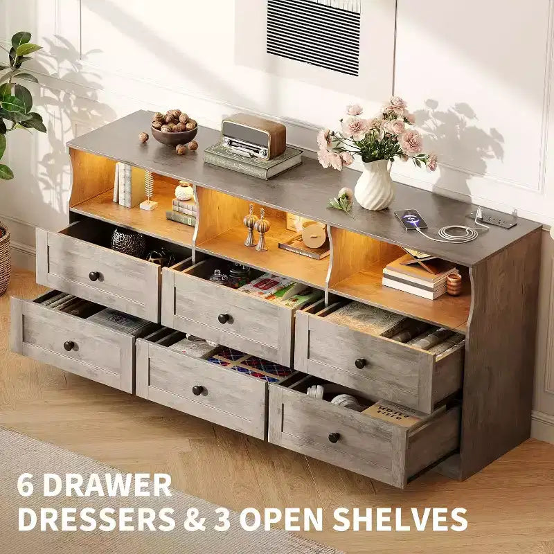 Commode étroite à six tiroirs avec étagères ouvertes