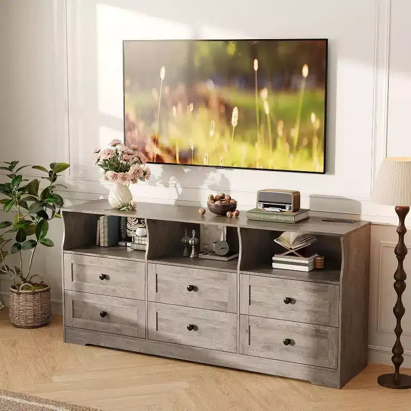 Commode étroite à six tiroirs avec étagères ouvertes