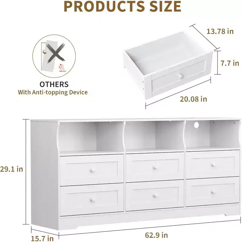 Commode étroite à six tiroirs avec étagères ouvertes