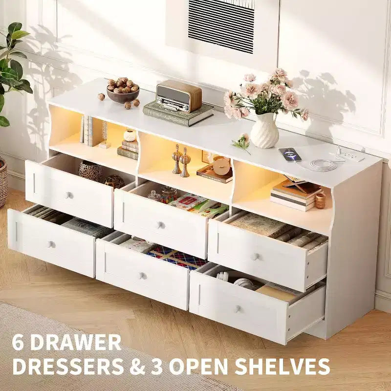 Commode étroite à six tiroirs avec étagères ouvertes