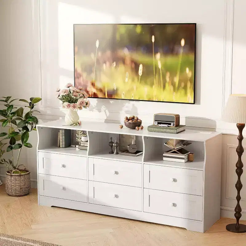 Commode étroite à six tiroirs avec étagères ouvertes