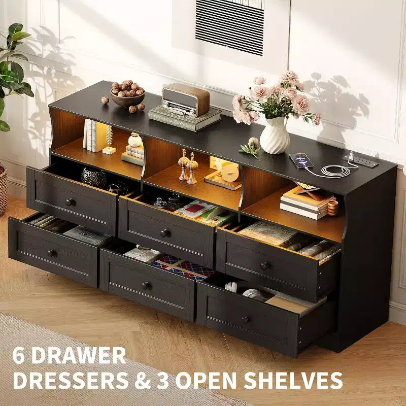 Commode étroite à six tiroirs avec étagères ouvertes