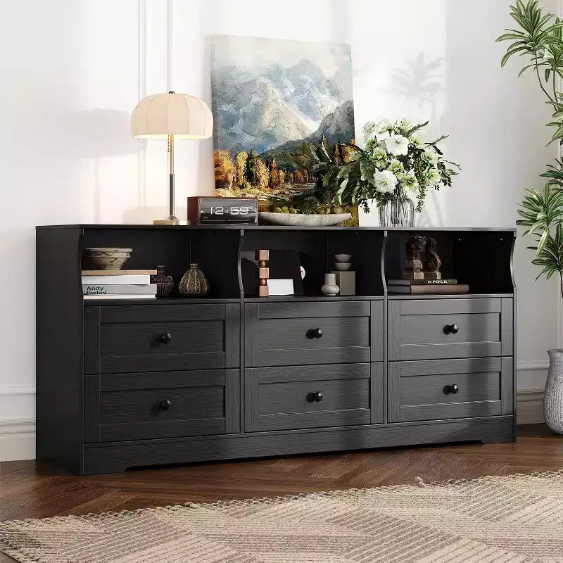 Commode étroite à six tiroirs avec étagères ouvertes
