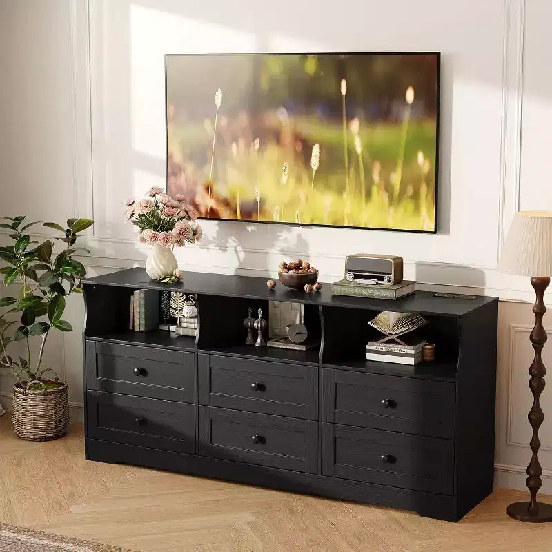 Commode étroite à six tiroirs avec étagères ouvertes