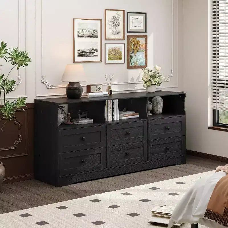 Slim 6 Drawer Dresser with Open Shelf, Space Saving Narrow Chest for Nursery Apartment Closet, Finish Modern Storage Organizer, Easy Assembly