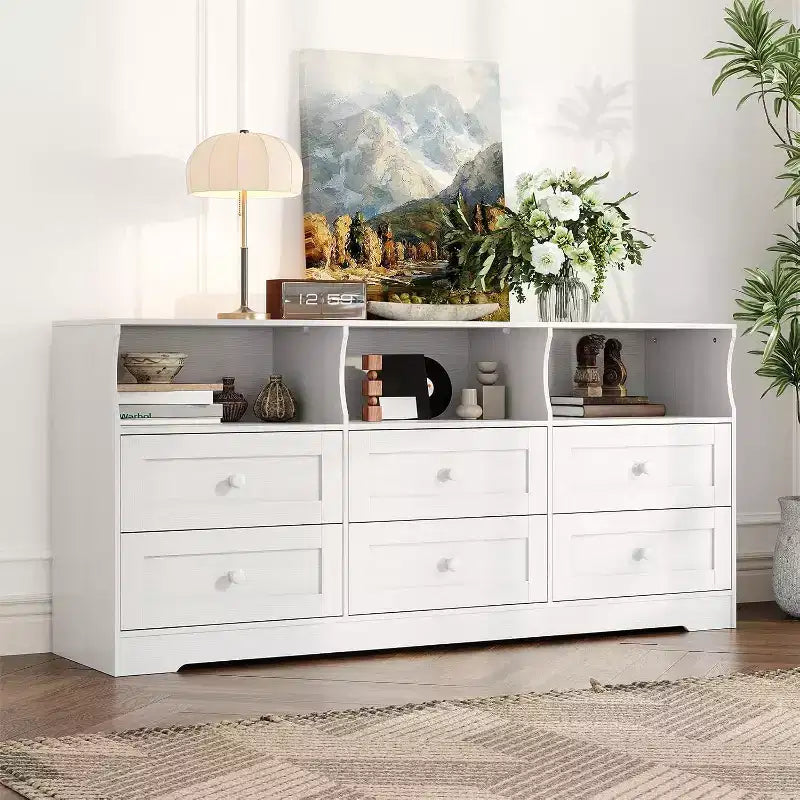 Commode étroite à six tiroirs avec étagères ouvertes