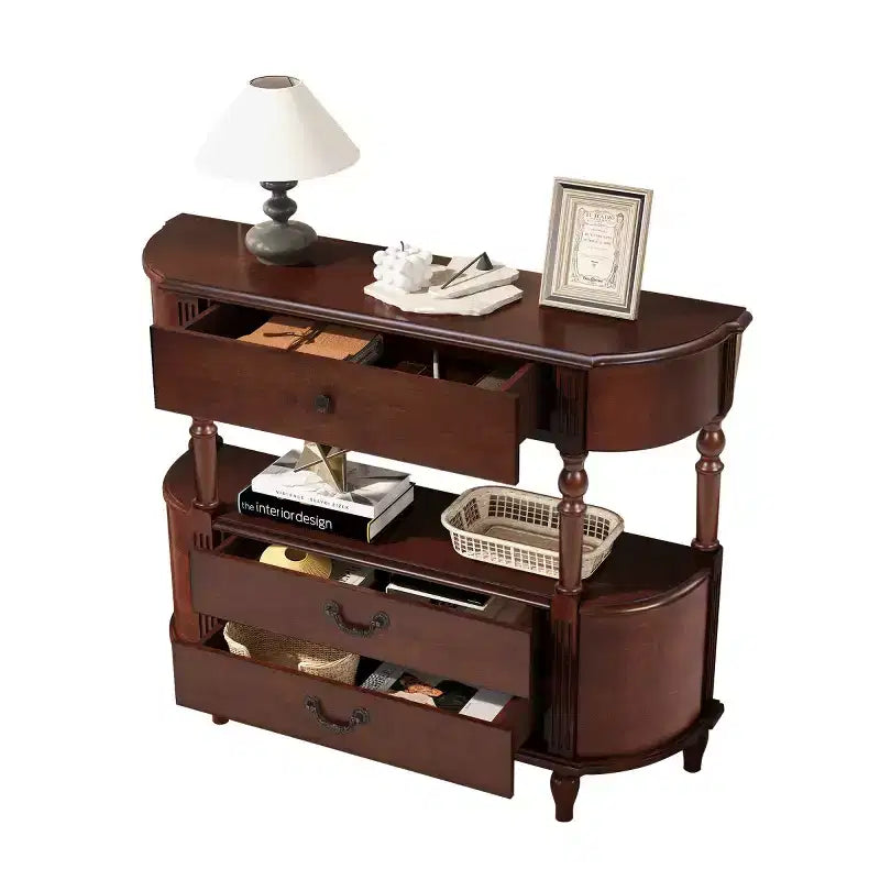 Console galbée rétro avec tiroirs et pieds en bois massif