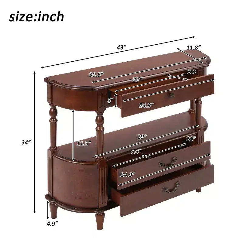 Console galbée rétro avec tiroirs et pieds en bois massif