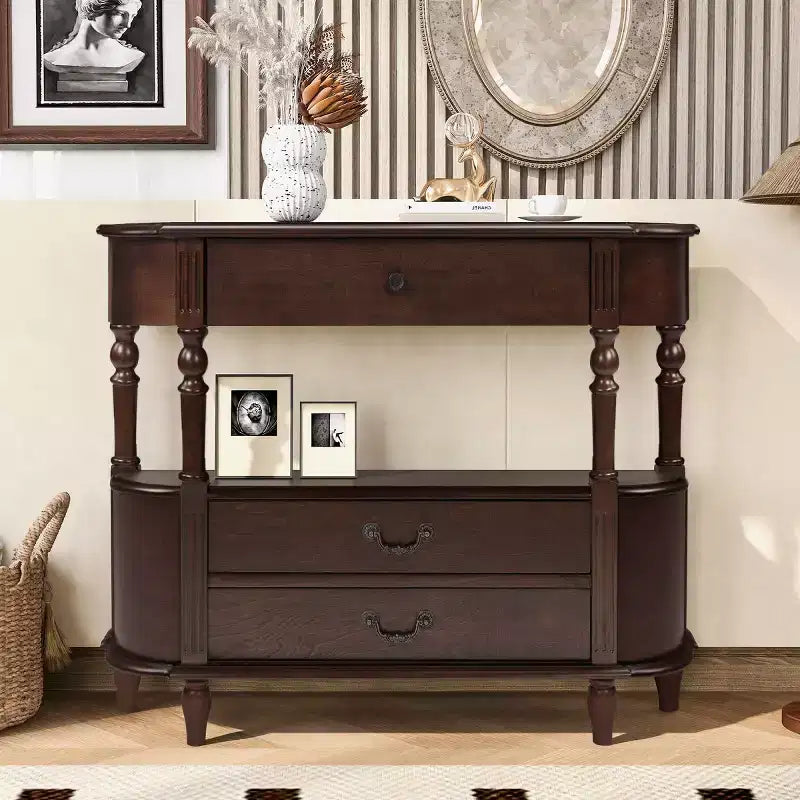 Console galbée rétro avec tiroirs et pieds en bois massif