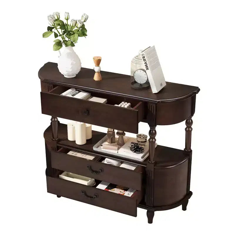 Console galbée rétro avec tiroirs et pieds en bois massif