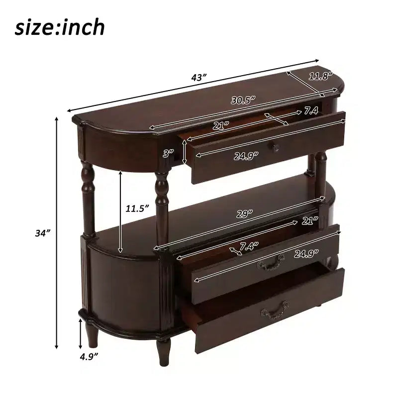 Console galbée rétro avec tiroirs et pieds en bois massif