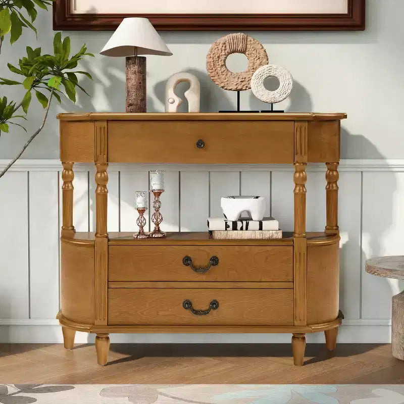 Console galbée rétro avec tiroirs et pieds en bois massif