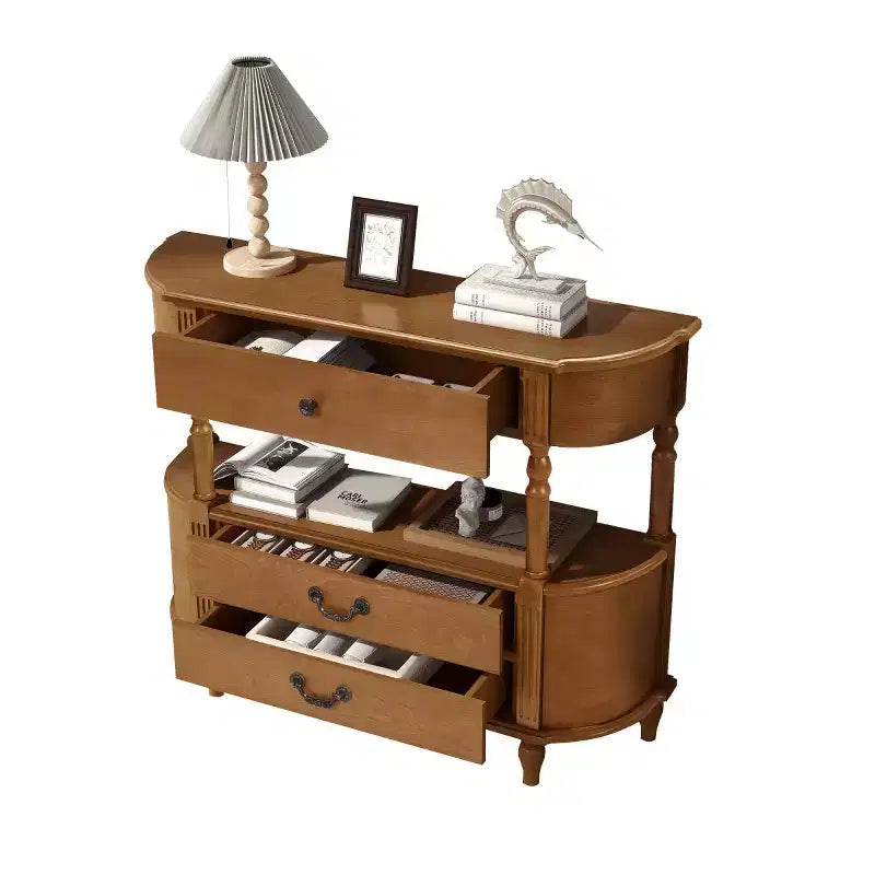Console galbée rétro avec tiroirs et pieds en bois massif