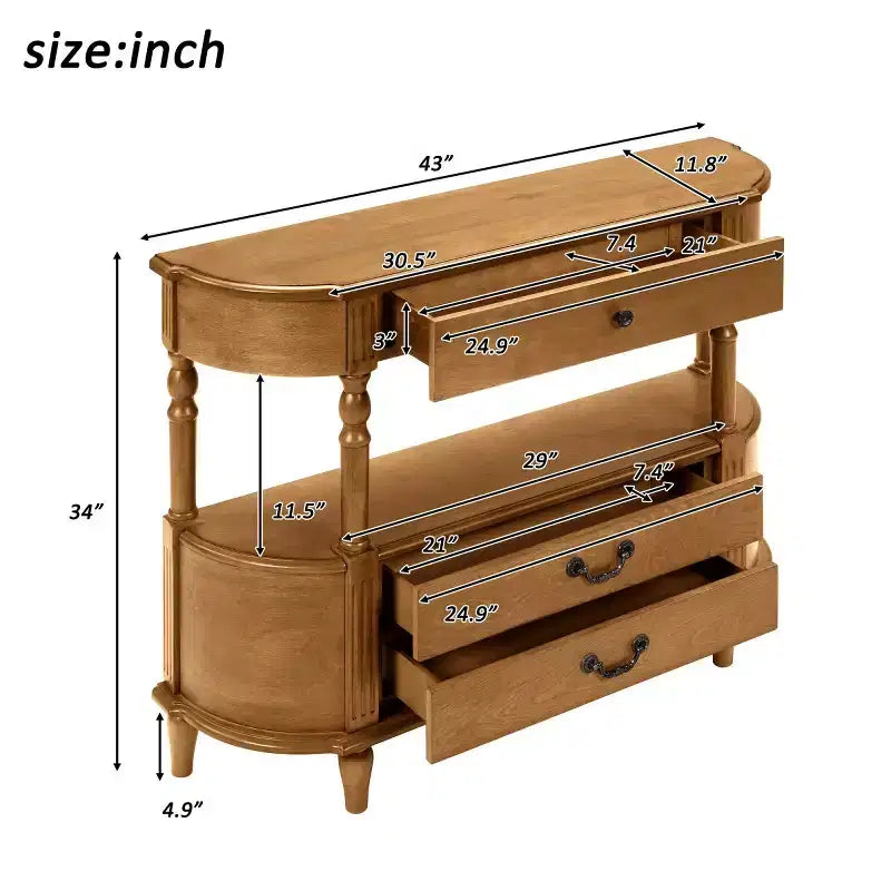 Console galbée rétro avec tiroirs et pieds en bois massif
