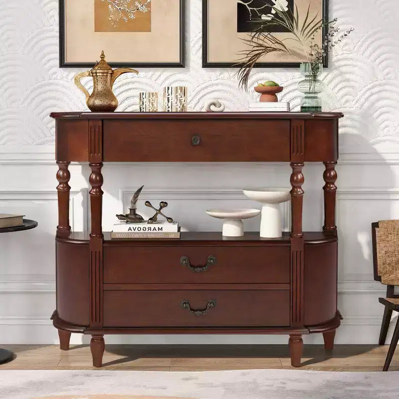 Console galbée rétro avec tiroirs et pieds en bois massif