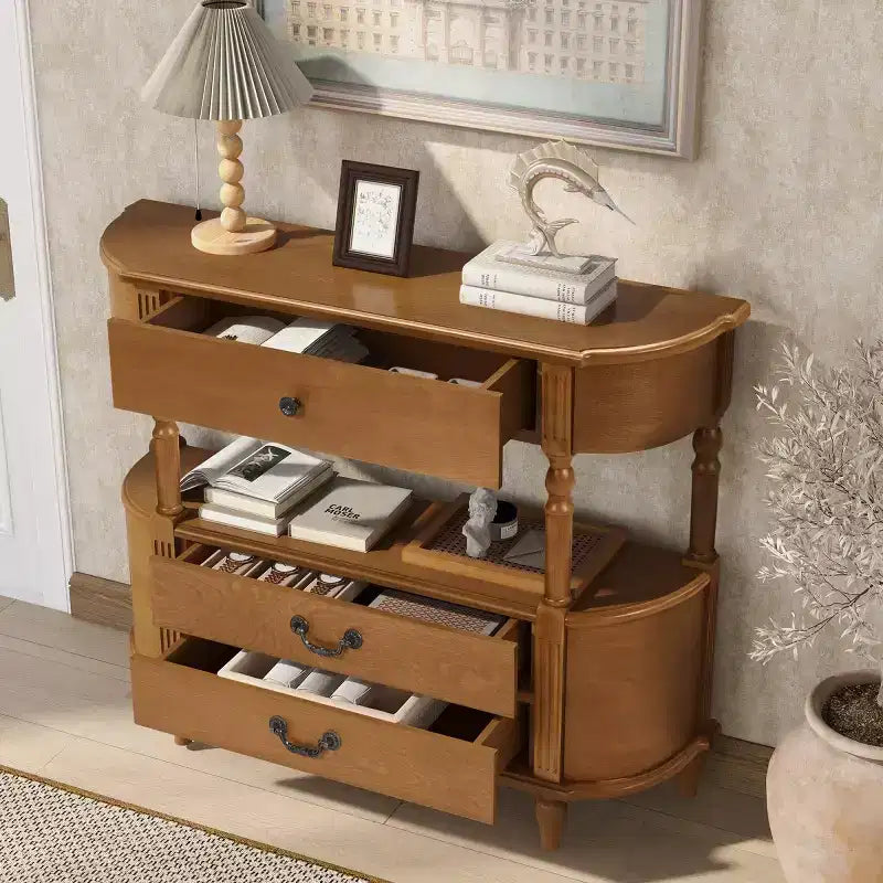 43 Retro Curved Console Table with Drawers, Solid Wood Legs Sofa Table Behind Couch, Entryway or Hallway Table with Storage Shelf-Panipeachy