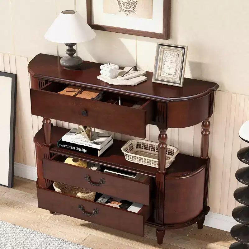 Console galbée rétro avec tiroirs et pieds en bois massif