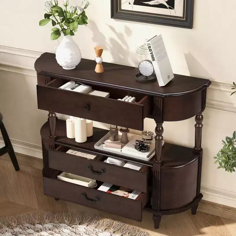 Console galbée rétro avec tiroirs et pieds en bois massif