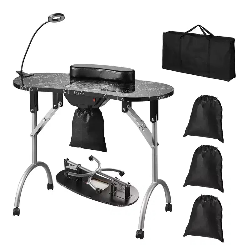 VEVOR Portable Manicure Table, Foldable Nail Table with Electric Dust Collector, Moveable Nail Tech Desk & 4 Wheels, 3 Dust Bags, Black